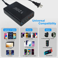 120W Fast Charger QC3.0 GaN USB C Phone Charger 6 Ports Universal Tablet Laptop Charging Block Multiple USB Charger - 7DAY'S