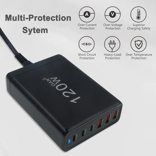 120W Fast Charger QC3.0 GaN USB C Phone Charger 6 Ports Universal Tablet Laptop Charging Block Multiple USB Charger