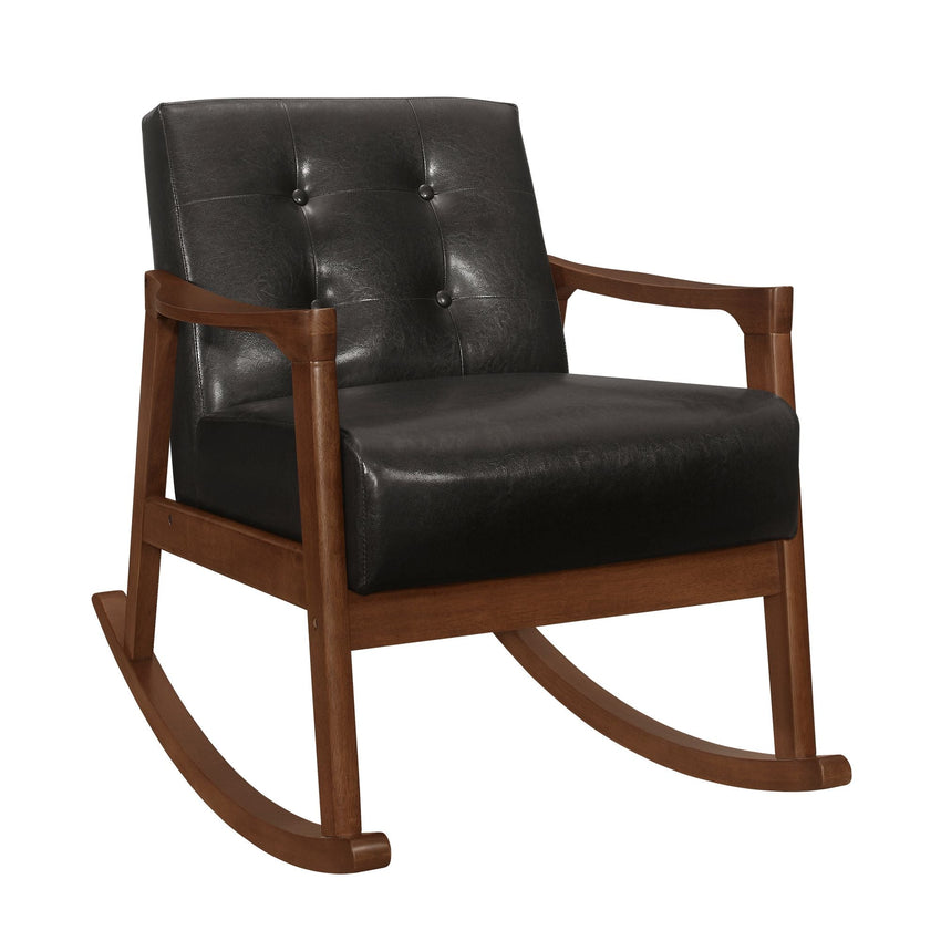 1pc Rocking Chair Dark Brown Faux Leather Upholstery Button Tufted Solid Wood Furniture - 7DAY'S