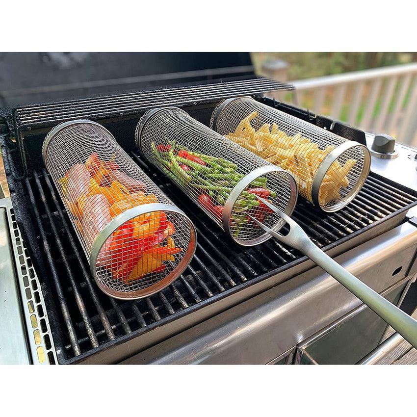 1PCS Rolling Grilling Basket - Round Stainless Steel BBQ Grill Mesh - 7DAY'S