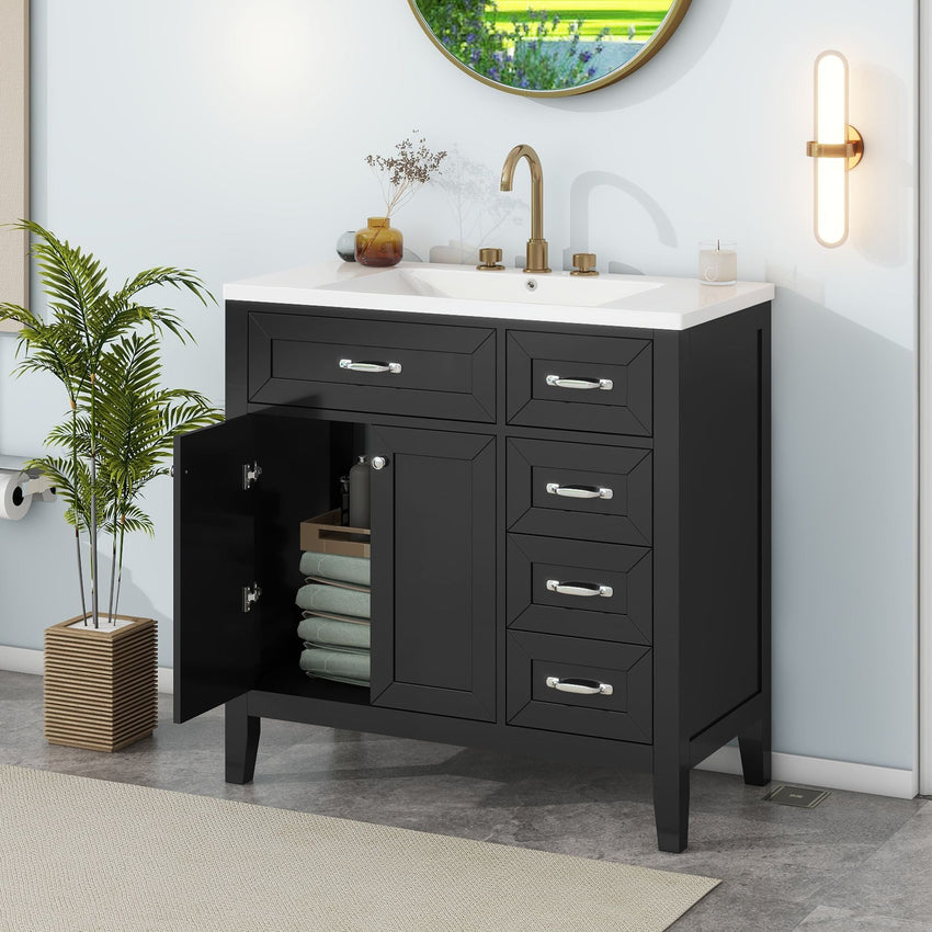 36\" Bathroom Vanity with Sink Combo, Black Bathroom Cabinet with Drawers, Solid Frame and MDF Board - 7DAY'S