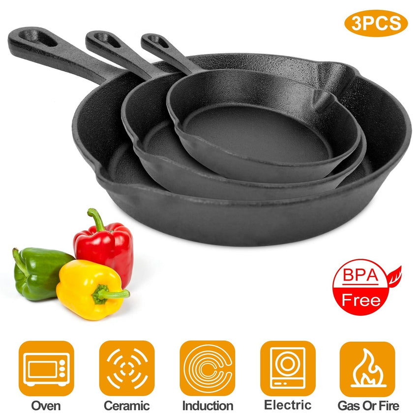 3Pcs Pre - Seasoned Cast Iron Skillet Set 6/8/10in Non - Stick Oven Safe Cookware Heat - Resistant Frying Pan - 7DAY'S