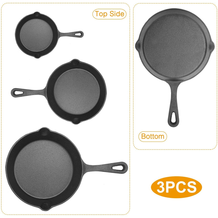 3Pcs Pre - Seasoned Cast Iron Skillet Set 6/8/10in Non - Stick Oven Safe Cookware Heat - Resistant Frying Pan - 7DAY'S