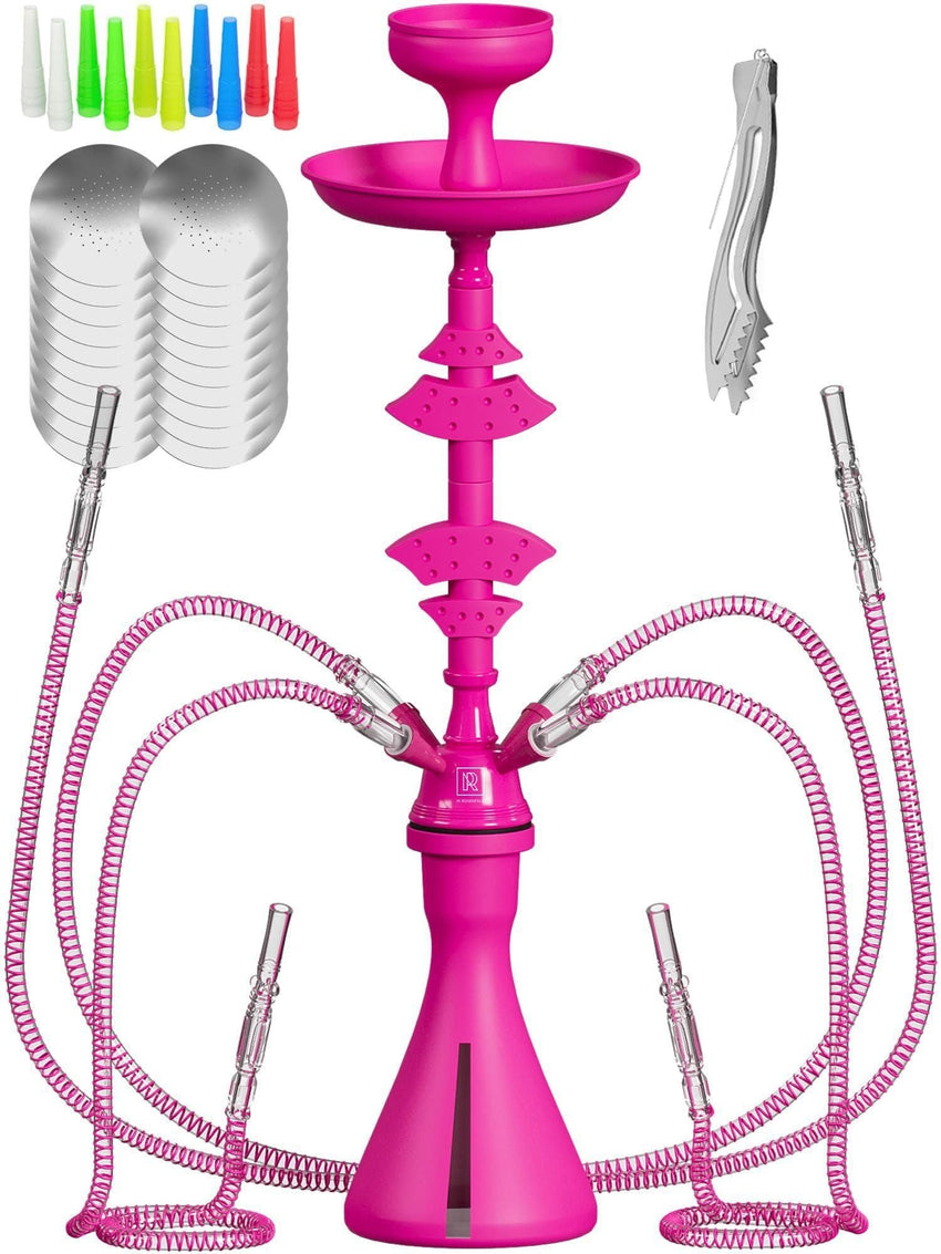 4 Hose Hookah set with everything Pink Hookah 4 Hose Set Mini Hookah Party Set with 50x Foil Big Silicone Bowl 10x Tips 4x Mouthpiece 4x Hookah Hose Tongs Hookah Kit - 7DAY'S