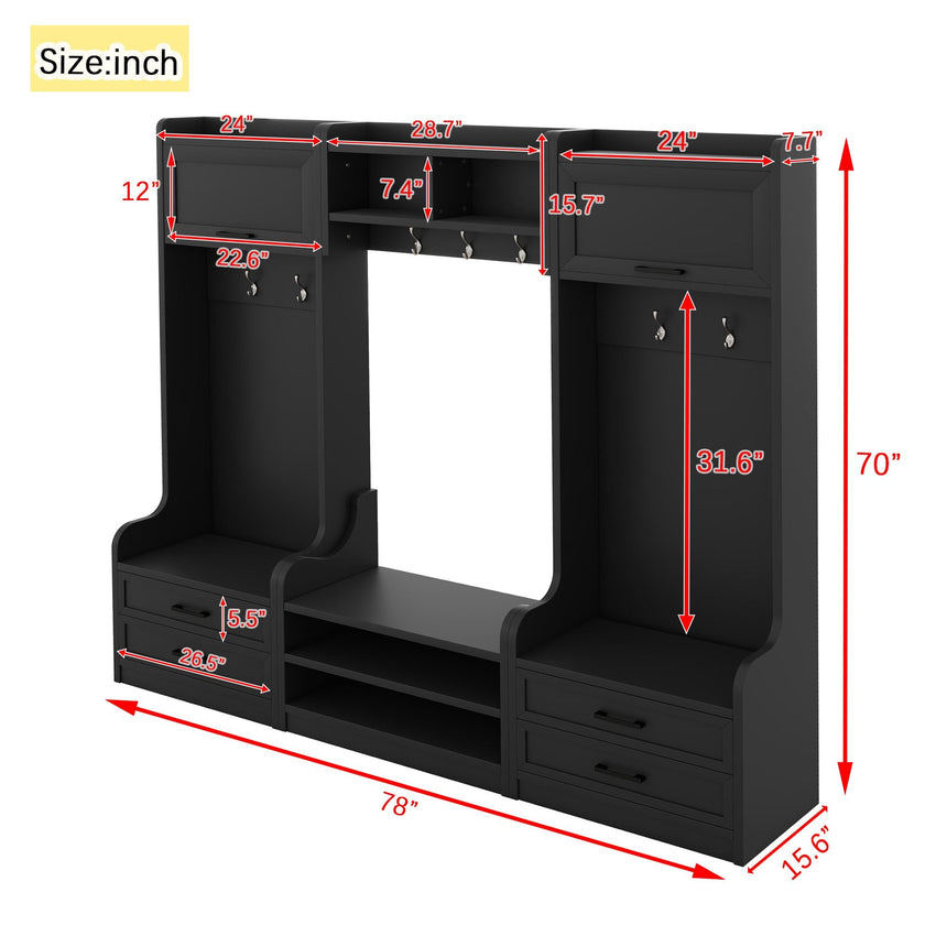 4 - in - 1 Detachable Hall Tree with Storage and 7 Hooks, Multiple Functions Hallway Coat Rack with Storage Drawers and Cabinet, Black Shoe Bench for Entryway Hallway - 7DAY'S