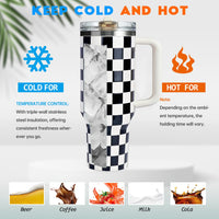 40 oz Tumbler with Handle Quenchers ProTour Detachable Flip Straw Lid Tumbler,Vacuum Insulated Tumblers with Top Leak Proof Lids and Flip Straw,Reusable Insulated Cup (A - Black White Check, 40 oz) - 7DAY'S
