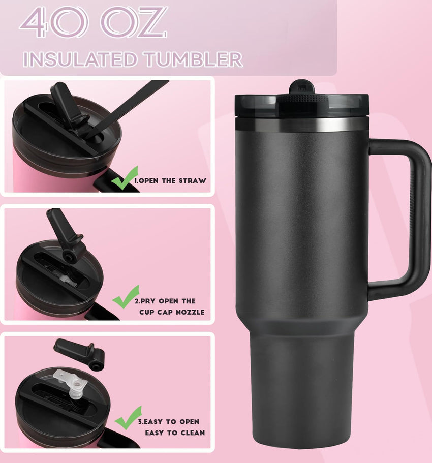 40 oz Tumbler with Handle Quenchers ProTour Detachable Flip Straw Lid Tumbler,Vacuum Insulated Tumblers with Top Leak Proof Lids and Flip Straw,Reusable Insulated Cup (A - Black White Check, 40 oz) - 7DAY'S
