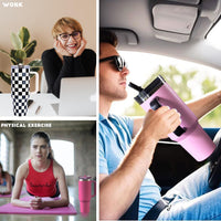 40 oz Tumbler with Handle Quenchers ProTour Detachable Flip Straw Lid Tumbler,Vacuum Insulated Tumblers with Top Leak Proof Lids and Flip Straw,Reusable Insulated Cup (A - Black White Check, 40 oz) - 7DAY'S