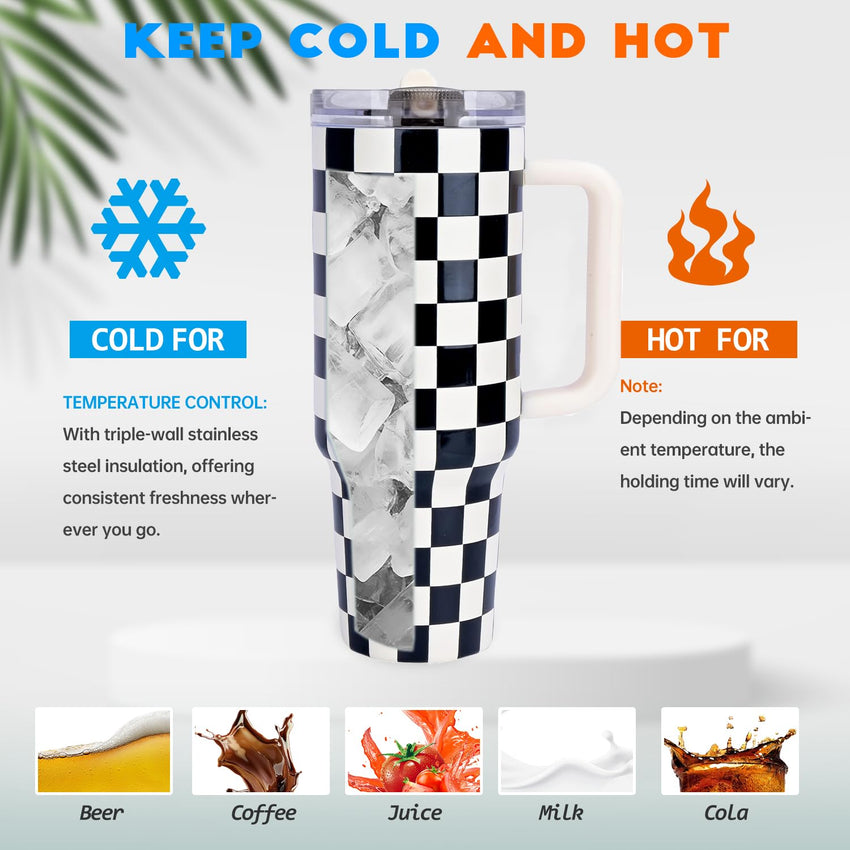 40 oz Tumbler with Handle Quenchers ProTour Detachable Flip Straw Lid Tumbler,Vacuum Insulated Tumblers with Top Leak Proof Lids and Flip Straw,Reusable Insulated Cup (A - Black White Check, 40 oz) - 7DAY'S