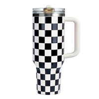 40 oz Tumbler with Handle Quenchers ProTour Detachable Flip Straw Lid Tumbler,Vacuum Insulated Tumblers with Top Leak Proof Lids and Flip Straw,Reusable Insulated Cup (A - Black White Check, 40 oz) - 7DAY'S