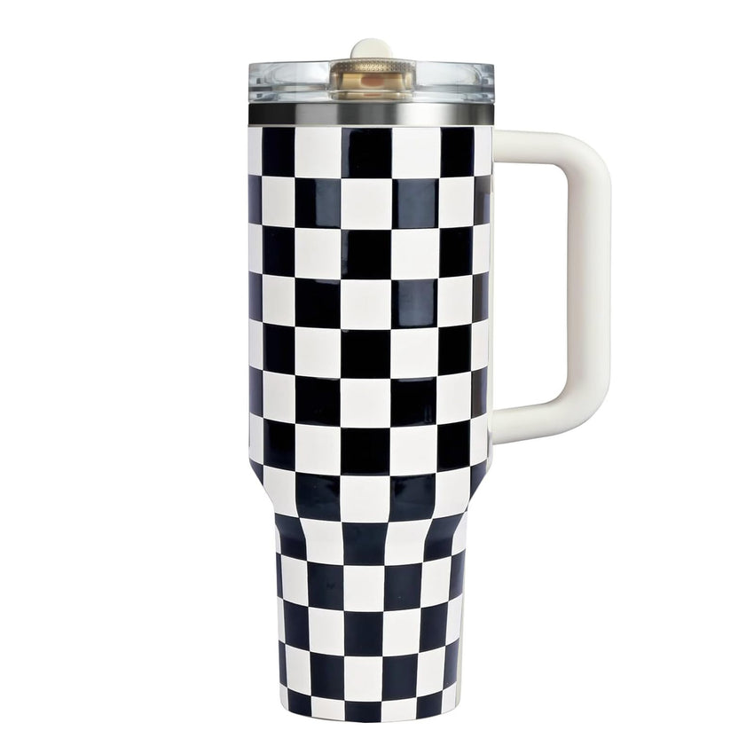 40 oz Tumbler with Handle Quenchers ProTour Detachable Flip Straw Lid Tumbler,Vacuum Insulated Tumblers with Top Leak Proof Lids and Flip Straw,Reusable Insulated Cup (A - Black White Check, 40 oz) - 7DAY'S