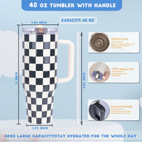 40 oz Tumbler with Handle Quenchers ProTour Detachable Flip Straw Lid Tumbler,Vacuum Insulated Tumblers with Top Leak Proof Lids and Flip Straw,Reusable Insulated Cup (A - Black White Check, 40 oz) - 7DAY'S