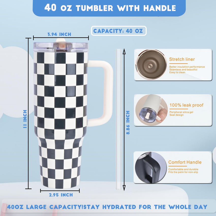 40 oz Tumbler with Handle Quenchers ProTour Detachable Flip Straw Lid Tumbler,Vacuum Insulated Tumblers with Top Leak Proof Lids and Flip Straw,Reusable Insulated Cup (A - Black White Check, 40 oz) - 7DAY'S