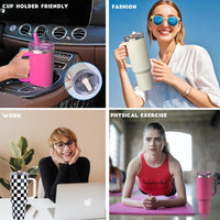 40 oz Tumbler with Handle Quenchers ProTour Detachable Flip Straw Lid Tumbler,Vacuum Insulated Tumblers with Top Leak Proof Lids and Flip Straw,Reusable Insulated Cup (A - Black White Check, 40 oz) - 7DAY'S