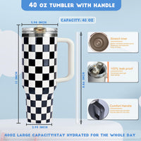 40 oz Tumbler with Handle Quenchers ProTour Detachable Flip Straw Lid Tumbler,Vacuum Insulated Tumblers with Top Leak Proof Lids and Flip Straw,Reusable Insulated Cup (A - Black White Check, 40 oz) - 7DAY'S