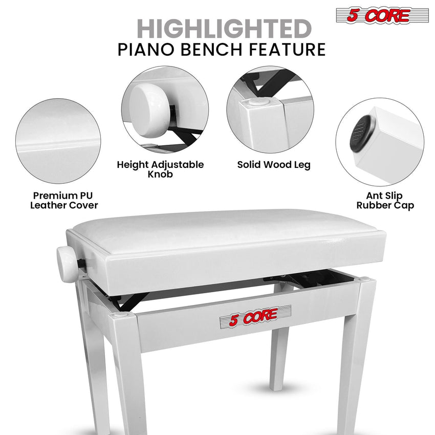 5 Core Adjustable Piano Bench Thick 3.25" Solid Wood Keyboard Stool Heavy Duty Musician Chair - 7DAY'S