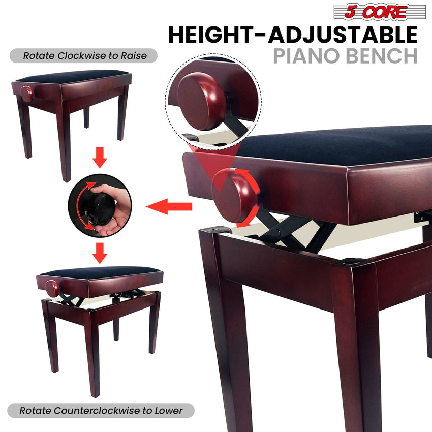 5 Core Adjustable Piano Bench Thick 3.25" Solid Wood Keyboard Stool Heavy Duty Musician Chair - 7DAY'S