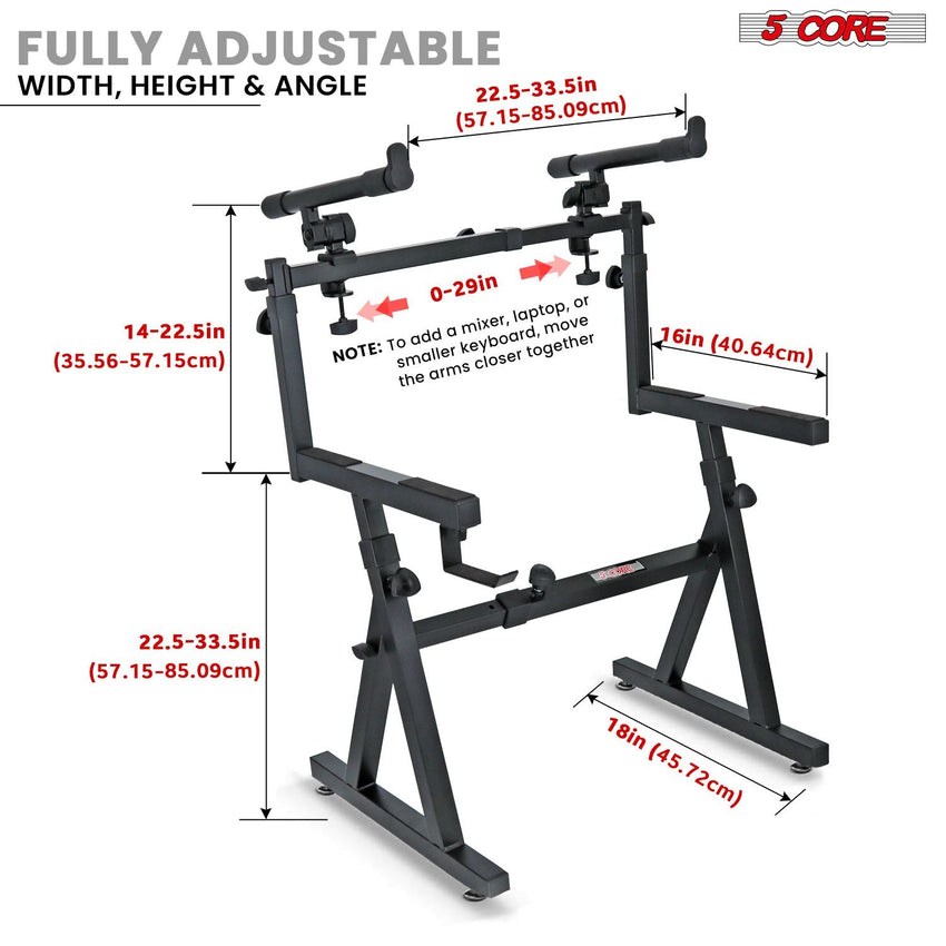 5 CORE Keyboard Stand 2 Tier Z Style Adjustable Electric Piano Riser Foldable & Heavy Duty Lift Holder With Secure Strap Mount For 54 88 Key Instruments - KS Z1 BLK HD + 2T - 7DAY'S