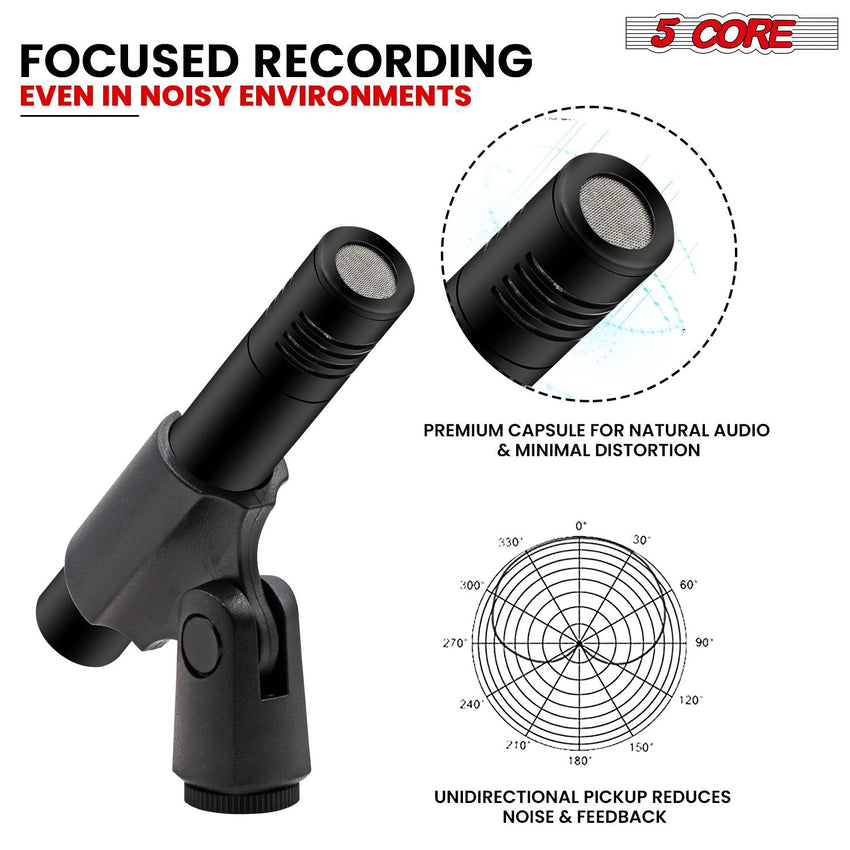 5 CORE Professional Instrument Microphone Pencil Mic Condenser Cardioid Unidirectional Stick Microfono with Windscreen Mic Clip & Case - INSTRU MIC 300 BLK - 7DAY'S