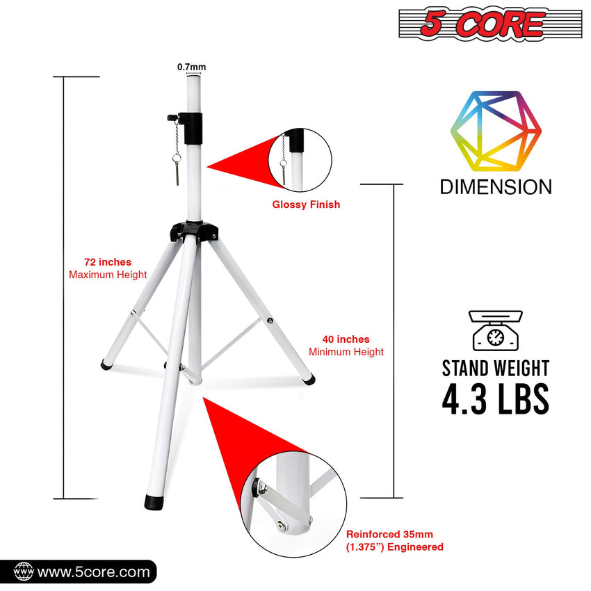 5 Core Speaker Stand Tripod Floor Tall Adjustable Up to 72 Inch DJ Studio Monitor Stands Pole Mount - SS ECO 1PK WOB - 7DAY'S