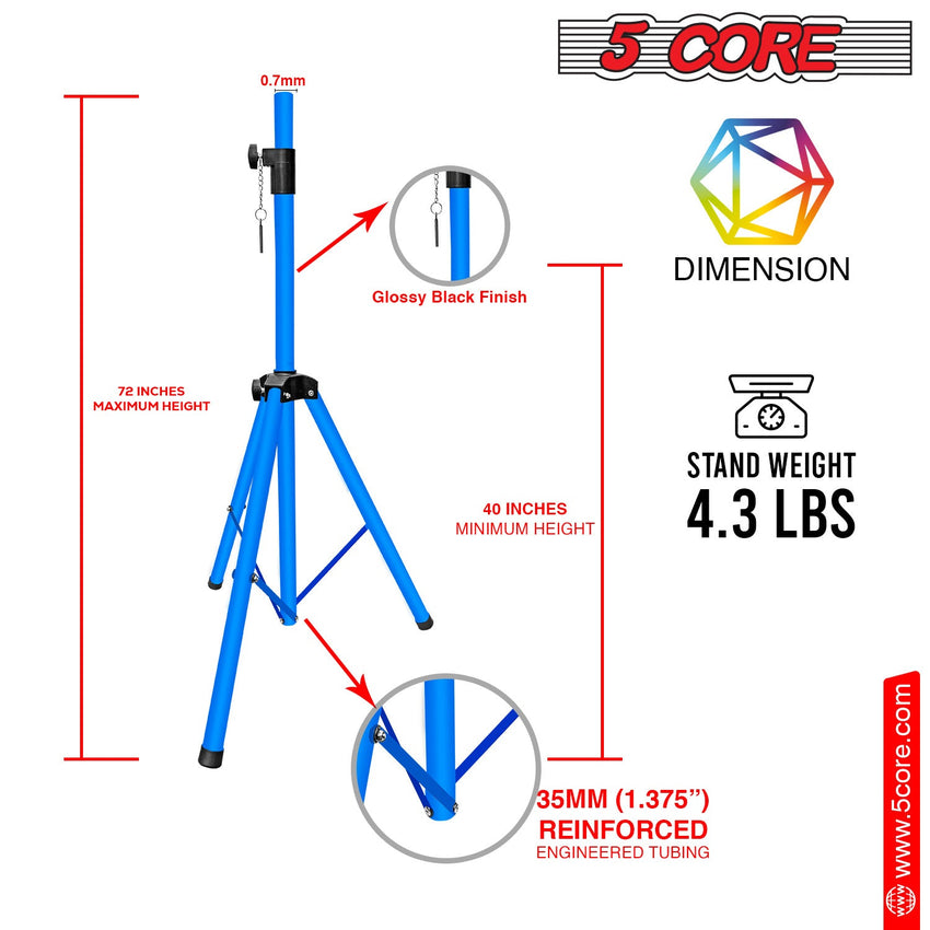 5 Core Speaker Stand Tripod Floor Tall Adjustable Up to 72 Inch DJ Studio Monitor Stands Pole Mount - SS ECO 1PK WOB - 7DAY'S