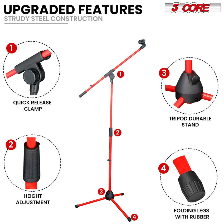 5 Core Tripod Mic Stand Floor 4Pcs Adjustable 18 to 72 Inches Sturdy Boom Arm Holder Microphone Stands Pedestal Para Microfono for Singing - 7DAY'S