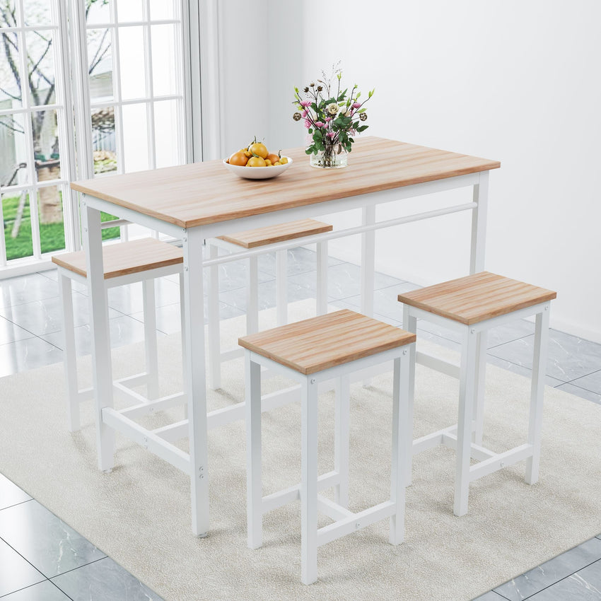 5 - piece modern kitchen table with four bar stools Bar table set 5PC,metal frame and MDF, white oak,47.5'' L x 23.7'' W x 35.5'' H. - 7DAY'S