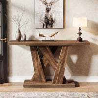 55 - Inch Farmhouse Console Table, Modern Behind The Couch Table with Geometric Base, Narrow Sofa Table Long Entryway Table - 7DAY'S