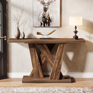 55-Inch Farmhouse Console Table, Modern Behind The Couch Table with Geometric Base, Narrow Sofa Table Long Entryway Table