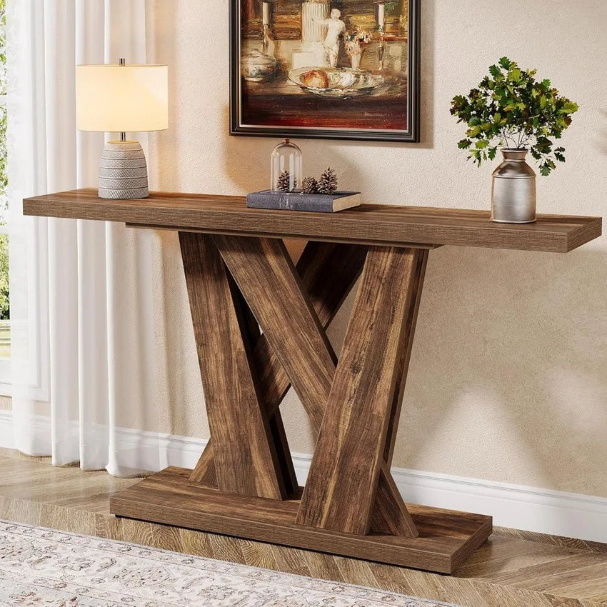55 - Inch Farmhouse Console Table, Modern Behind The Couch Table with Geometric Base, Narrow Sofa Table Long Entryway Table - 7DAY'S