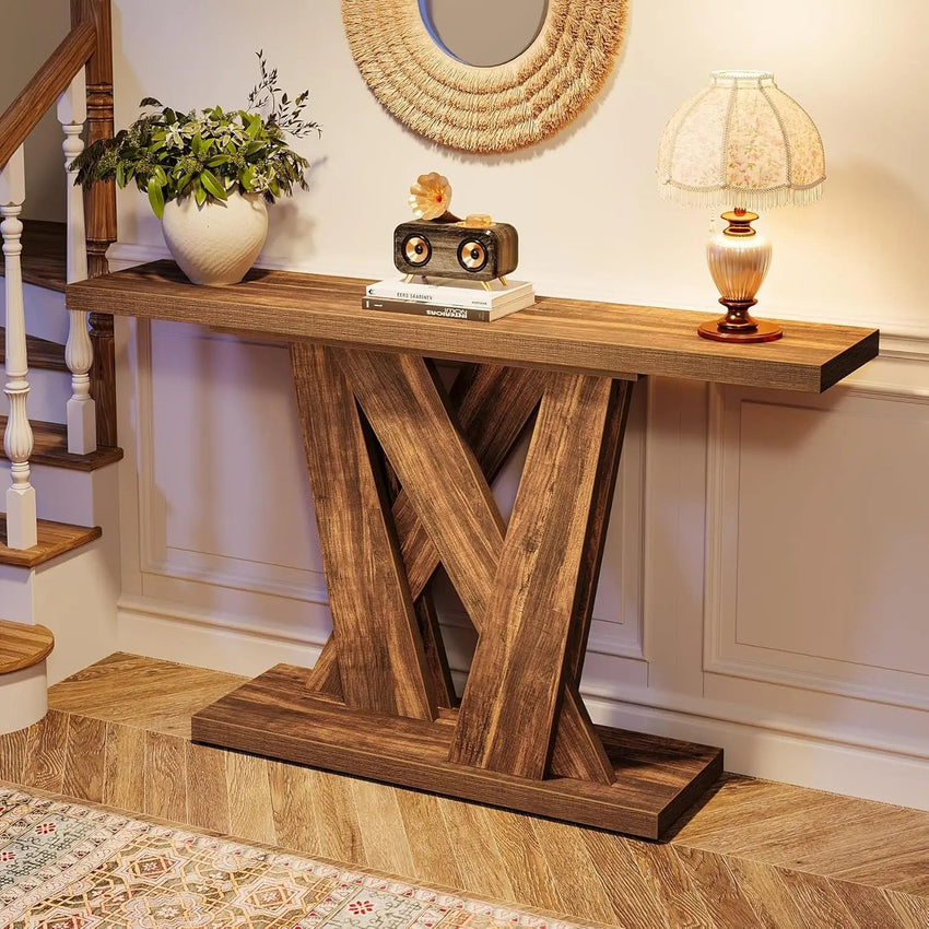 55 - Inch Farmhouse Console Table, Modern Behind The Couch Table with Geometric Base, Narrow Sofa Table Long Entryway Table - 7DAY'S