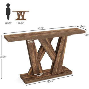 55 - Inch Farmhouse Console Table, Modern Behind The Couch Table with Geometric Base, Narrow Sofa Table Long Entryway Table - 7DAY'S