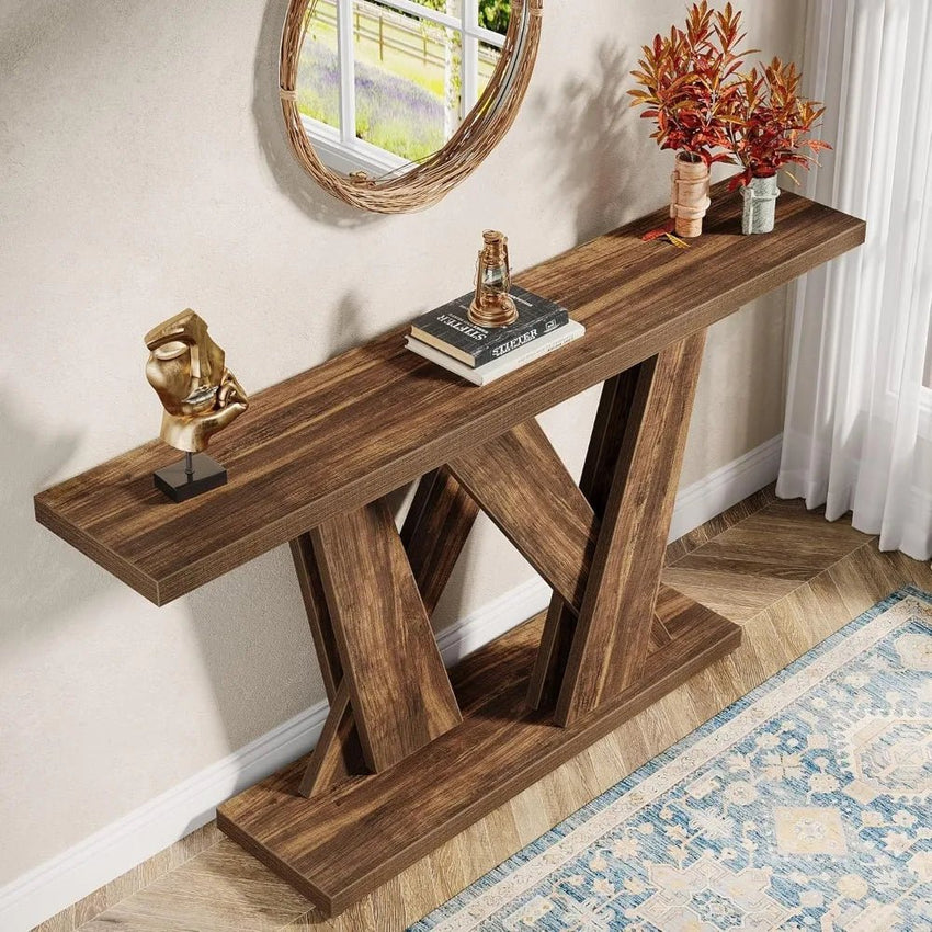 55 - Inch Farmhouse Console Table, Modern Behind The Couch Table with Geometric Base, Narrow Sofa Table Long Entryway Table - 7DAY'S