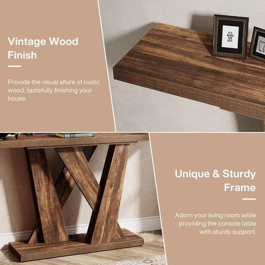55 - Inch Farmhouse Console Table, Modern Behind The Couch Table with Geometric Base, Narrow Sofa Table Long Entryway Table - 7DAY'S