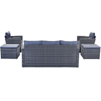 6 - piece All - Weather Wicker PE rattan Patio Outdoor Dining Conversation Sectional Set with coffee table, wicker sofas, ottomans, removable cushions (Black wicker, Beige cushion) - 7DAY'S