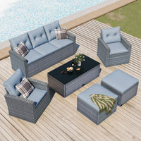 6 - piece All - Weather Wicker PE rattan Patio Outdoor Dining Conversation Sectional Set with coffee table, wicker sofas, ottomans, removable cushions (Black wicker, Beige cushion) - 7DAY'S