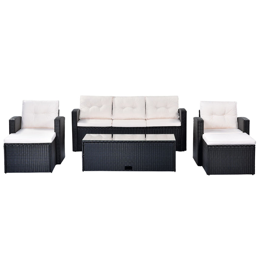 6 - piece All - Weather Wicker PE rattan Patio Outdoor Dining Conversation Sectional Set with coffee table, wicker sofas, ottomans, removable cushions (Black wicker, Beige cushion) - 7DAY'S