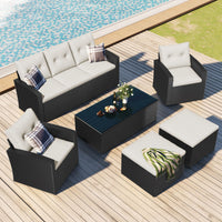 6 - piece All - Weather Wicker PE rattan Patio Outdoor Dining Conversation Sectional Set with coffee table, wicker sofas, ottomans, removable cushions (Black wicker, Beige cushion) - 7DAY'S