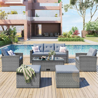 6 - piece All - Weather Wicker PE rattan Patio Outdoor Dining Conversation Sectional Set with coffee table, wicker sofas, ottomans, removable cushions (Black wicker, Beige cushion) - 7DAY'S