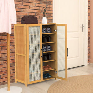 6-Tier Shoe Cabinet with Bamboo Shoe Rack Freestanding Shoe Organizer with 2 Hollow Doors and Handles 154lbs Max Load for Closet Hallway Living Room