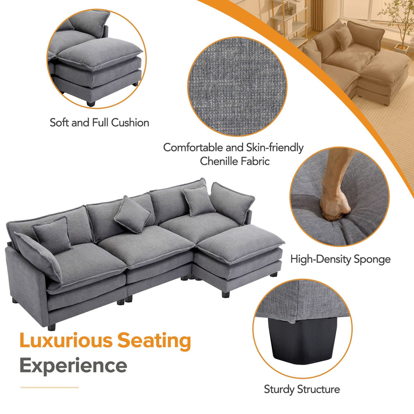 7DAY'S 112.2\" L - Shape Chenille Upholstered Sofa for Living Room Modern Luxury Sofa Couch with Ottoman and 5 Pillows for Living Room - 7DAY'S