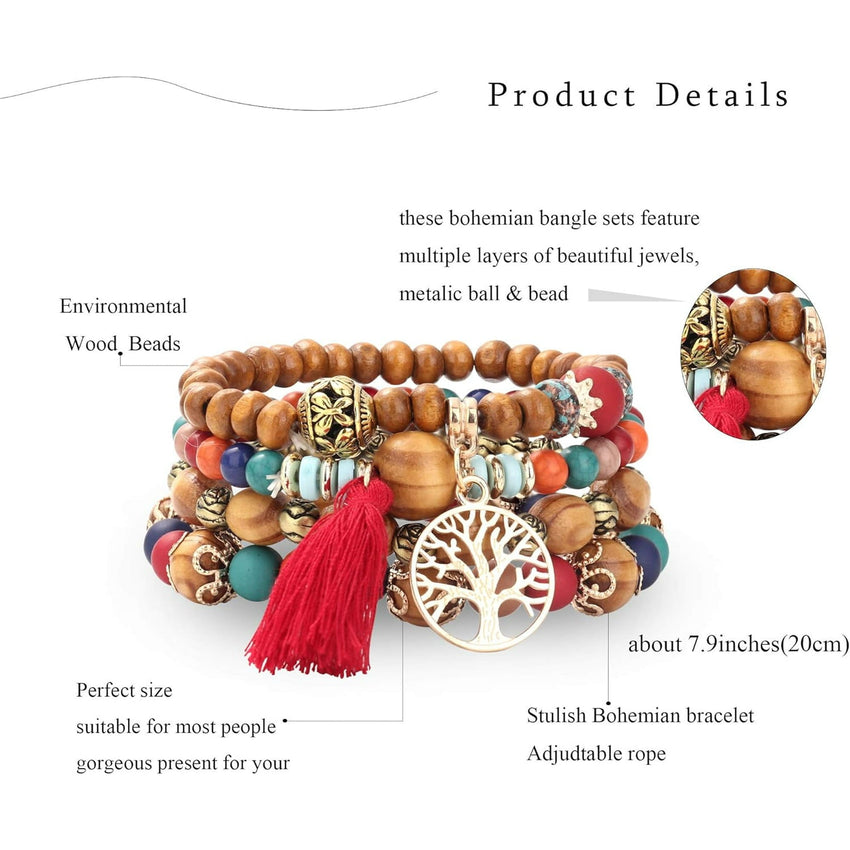 7DAY'S 8 Sets Bohemian Stretch Wood Beaded Bracelets for Women Boho Tassel Bracelet Set bead Strand Bangle Charm Multilayer Stackable Bracelets - 7DAY'S