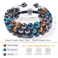 7DAYS Men's Jewelry, Men Bracelets Adjustable Tiger - Eye Crystal Black Brown Three Layer Braided Bead for Men Nature Stones for Fathers Day - 7DAY'S