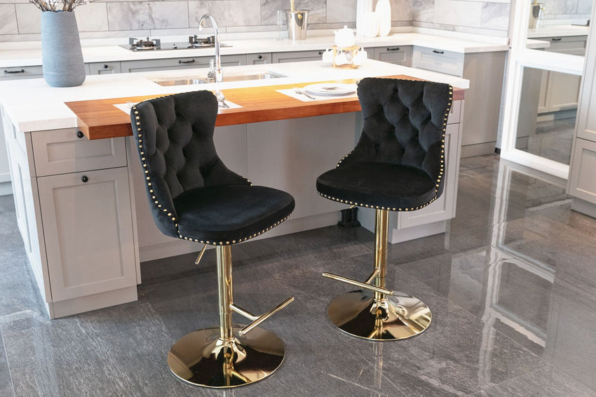 A&A Furniture,Golden Swivel Velvet Barstools Adjusatble Seat Height from 25 - 33 Inch, Modern Upholstered Bar Stools with Backs Comfortable Tufted for Home Pub and Kitchen Island(Black,Set of 2) - 7DAY'S