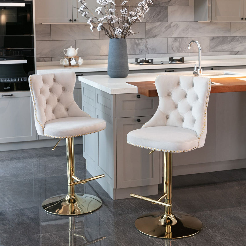 A&A Furniture,Golden Swivel Velvet Barstools Adjusatble Seat Height from 25 - 33 Inch,Modern Upholstered Bar Stools with Backs Comfortable Tufted for Home Pub and Kitchen Island,Beige,Set of 2 - 7DAY'S