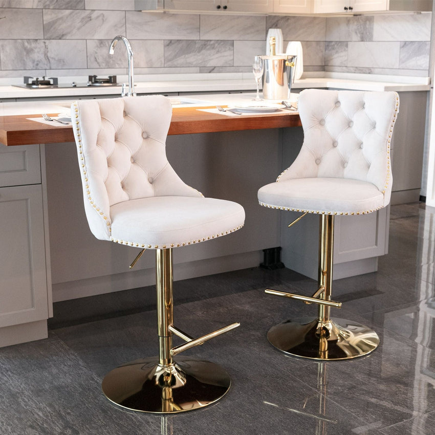 A&A Furniture,Golden Swivel Velvet Barstools Adjusatble Seat Height from 25 - 33 Inch,Modern Upholstered Bar Stools with Backs Comfortable Tufted for Home Pub and Kitchen Island,Beige,Set of 2 - 7DAY'S