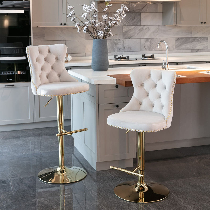 A&A Furniture,Golden Swivel Velvet Barstools Adjusatble Seat Height from 25 - 33 Inch,Modern Upholstered Bar Stools with Backs Comfortable Tufted for Home Pub and Kitchen Island,Beige,Set of 2 - 7DAY'S