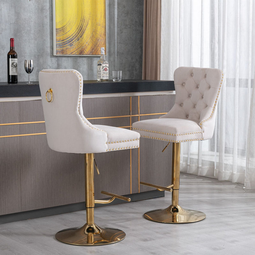 A&A Furniture,Thick Golden Swivel Velvet Barstools Adjusatble Seat Height from 27 - 35 Inch, Modern Upholstered Bar Stools with Backs Comfortable Tufted for Home Pub and Kitchen Island (Beige,Set of 2) - 7DAY'S