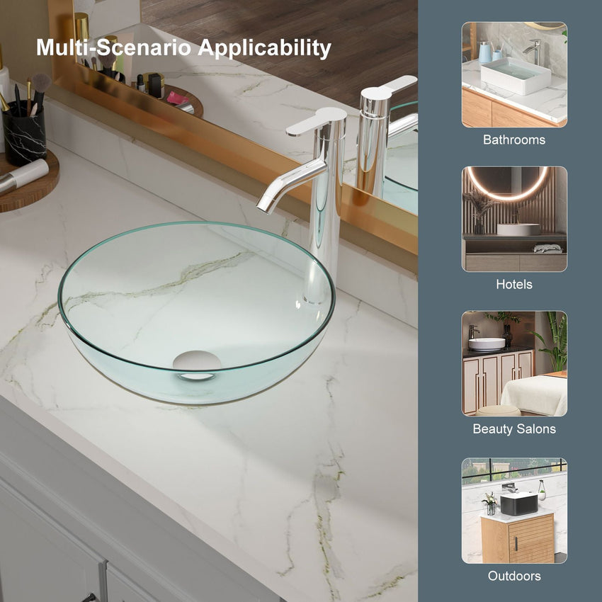 Above Counter Artistic Tempered Glass Bathroom Sink Transparent Counter Top Bathroom Single Bowl Vessel Basin - 7DAY'S