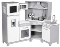 Amazon Basics Kids Corner Wooden Kitchen Toy Playset with Stove, Oven, Sink, Fridge and Accessories, for Toddlers, Preschoolers, Children Age 3+ Years, White & Gray, 39.37"L x 28.35"W x 35.04"H - 7DAY'S